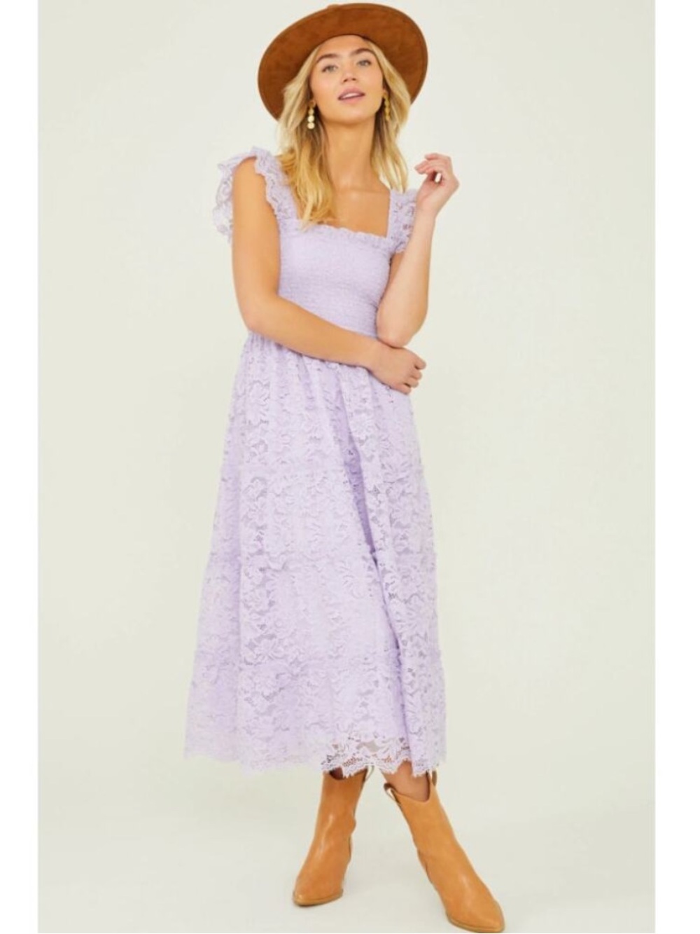 NWT Altar’d State Trystyn Dress Orchid Purple Lace Smocked Midi Tiered Boho